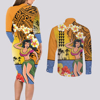 Happy Lei Day Couples Matching Long Sleeve Bodycon Dress and Long Sleeve Button Shirt Hula Girl Polynesian Flower Kakau Pattern LT03 - Polynesian Pride