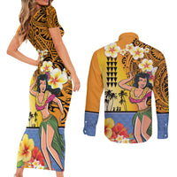 Happy Lei Day Couples Matching Short Sleeve Bodycon Dress and Long Sleeve Button Shirt Hula Girl Polynesian Flower Kakau Pattern LT03 - Polynesian Pride