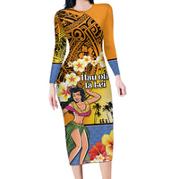 Happy Lei Day Long Sleeve Bodycon Dress Hula Girl Polynesian Flower Kakau Pattern