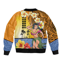 Happy Lei Day Sleeve Zip Bomber Jacket Hula Girl Polynesian Flower Kakau Pattern
