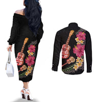 Ukulele mix Polynesian Flower Couples Matching Off The Shoulder Long Sleeve Dress and Long Sleeve Button Shirt Hawaiian Tribal Pattern LT03 - Polynesian Pride