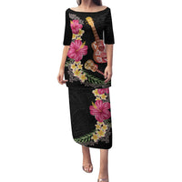 Ukulele mix Polynesian Flower Family Matching Puletasi and Hawaiian Shirt Hawaiian Tribal Pattern LT03 Mom's Dress Black - Polynesian Pride