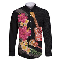 Ukulele mix Polynesian Flower Family Matching Summer Maxi Dress and Hawaiian Shirt Hawaiian Tribal Pattern LT03 Dad's Shirt - Long Sleeve Black - Polynesian Pride