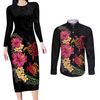 Hawaiian Flower and Tribal Turtle Couples Matching Long Sleeve Bodycon Dress and Long Sleeve Button Shirt Colorful Style LT03 Black - Polynesian Pride
