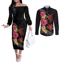 Hawaiian Flower and Tribal Turtle Couples Matching Off The Shoulder Long Sleeve Dress and Long Sleeve Button Shirt Colorful Style LT03 Black - Polynesian Pride