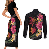 Hawaiian Flower and Tribal Turtle Couples Matching Short Sleeve Bodycon Dress and Long Sleeve Button Shirt Colorful Style LT03 - Polynesian Pride