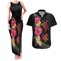 Hawaiian Flower and Tribal Turtle Couples Matching Tank Maxi Dress and Hawaiian Shirt Colorful Style LT03 Black - Polynesian Pride