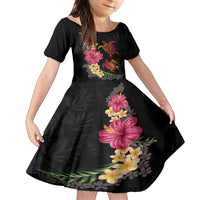 Hawaiian Flower and Tribal Turtle Family Matching Long Sleeve Bodycon Dress and Hawaiian Shirt Colorful Style LT03 Daughter's Dress Black - Polynesian Pride