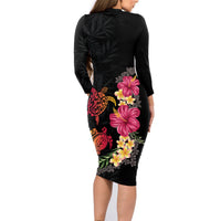 Hawaiian Flower and Tribal Turtle Family Matching Long Sleeve Bodycon Dress and Hawaiian Shirt Colorful Style LT03 - Polynesian Pride