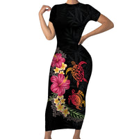 Hawaiian Flower and Tribal Turtle Family Matching Short Sleeve Bodycon Dress and Hawaiian Shirt Colorful Style LT03 Mom's Dress Black - Polynesian Pride