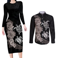 Hawaiian Flower and Tribal Turtle Couples Matching Long Sleeve Bodycon Dress and Long Sleeve Button Shirt Grayscale Mode LT03 Black - Polynesian Pride