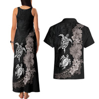 Hawaiian Flower and Tribal Turtle Couples Matching Tank Maxi Dress and Hawaiian Shirt Grayscale Mode LT03 - Polynesian Pride