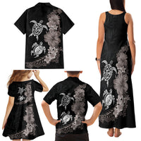 Hawaiian Flower and Tribal Turtle Family Matching Tank Maxi Dress and Hawaiian Shirt Grayscale Mode