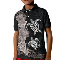 Hawaiian Flower and Tribal Turtle Kid Polo Shirt Grayscale Mode