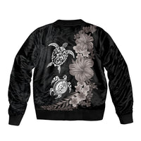 Hawaiian Flower and Tribal Turtle Sleeve Zip Bomber Jacket Grayscale Mode