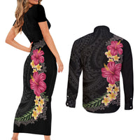 Hawaiian Plumeria and Hibiscus Couples Matching Short Sleeve Bodycon Dress and Long Sleeve Button Shirt Colorful Style