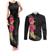 Hawaiian Plumeria and Hibiscus Couples Matching Tank Maxi Dress and Long Sleeve Button Shirt Colorful Style