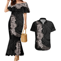 Hawaiian Plumeria and Hibiscus Couples Matching Mermaid Dress and Hawaiian Shirt Grayscale Mode LT03 Black - Polynesian Pride