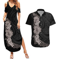 Hawaiian Plumeria and Hibiscus Couples Matching Summer Maxi Dress and Hawaiian Shirt Grayscale Mode LT03 Black - Polynesian Pride