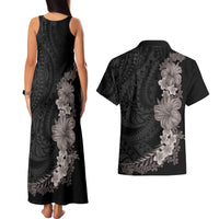Hawaiian Plumeria and Hibiscus Couples Matching Tank Maxi Dress and Hawaiian Shirt Grayscale Mode