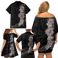 Hawaiian Plumeria and Hibiscus Family Matching Off Shoulder Short Dress and Hawaiian Shirt Grayscale Mode