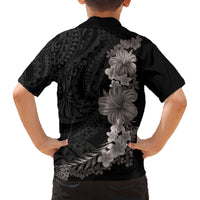 Hawaiian Plumeria and Hibiscus Family Matching Summer Maxi Dress and Hawaiian Shirt Grayscale Mode