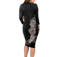 Hawaiian Plumeria and Hibiscus Long Sleeve Bodycon Dress Grayscale Mode