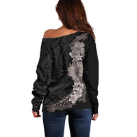 Hawaiian Plumeria and Hibiscus Off Shoulder Sweater Grayscale Mode