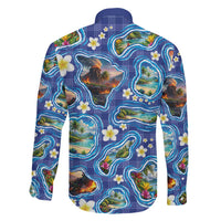 Hawaiian Island Shapes-Iconic Landscape Family Matching Off Shoulder Maxi Dress and Hawaiian Shirt with Plumeria and Palaka Blue Color LT03 - Polynesian Pride