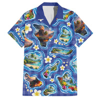 Hawaiian Island Shapes-Iconic Landscape Family Matching Off Shoulder Short Dress and Hawaiian Shirt with Plumeria and Palaka Blue Color LT03 Dad's Shirt - Short Sleeve Blue - Polynesian Pride