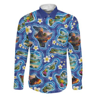Hawaiian Island Shapes-Iconic Landscape Family Matching Tank Maxi Dress and Hawaiian Shirt with Plumeria and Palaka Blue Color LT03 Dad's Shirt - Long Sleeve Blue - Polynesian Pride