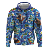 Hawaiian Island Shapes-Iconic Landscape Hoodie with Plumeria and Palaka Blue Color LT03 Pullover Hoodie Blue - Polynesian Pride