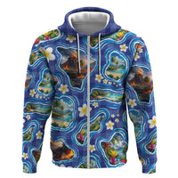 Hawaiian Island Shapes-Iconic Landscape Hoodie with Plumeria and Palaka Blue Color LT03 Zip Hoodie Blue - Polynesian Pride