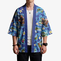 Hawaiian Island Shapes-Iconic Landscape Kimono with Plumeria and Palaka Blue Color LT03 - Polynesian Pride