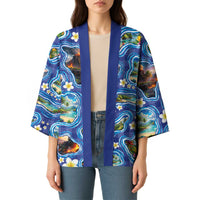 Hawaiian Island Shapes-Iconic Landscape Kimono with Plumeria and Palaka Blue Color LT03 - Polynesian Pride