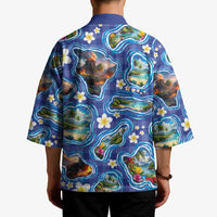 Hawaiian Island Shapes-Iconic Landscape Kimono with Plumeria and Palaka Blue Color LT03 - Polynesian Pride