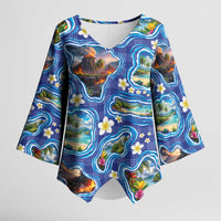 Hawaiian Island Shapes-Iconic Landscape Kimono Sleeve Blouse with Plumeria and Palaka Blue Color LT03 Female Blue - Polynesian Pride