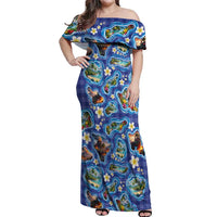 Hawaiian Island Shapes-Iconic Landscape Off Shoulder Maxi Dress with Plumeria and Palaka Blue Color LT03 Women Blue - Polynesian Pride