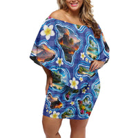 Hawaiian Island Shapes-Iconic Landscape Off Shoulder Short Dress with Plumeria and Palaka Blue Color LT03 Women Blue - Polynesian Pride