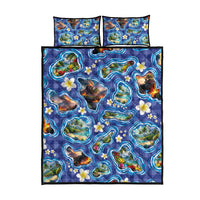 Hawaiian Island Shapes-Iconic Landscape Quilt Bed Set with Plumeria and Palaka Blue Color LT03 - Polynesian Pride