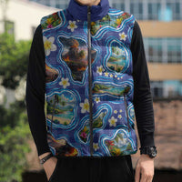 Hawaiian Island Shapes-Iconic Landscape Sleeveless Puffer Jacket with Plumeria and Palaka Blue Color LT03 - Polynesian Pride