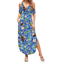 Hawaiian Island Shapes-Iconic Landscape Summer Maxi Dress with Plumeria and Palaka Blue Color LT03 Women Blue - Polynesian Pride