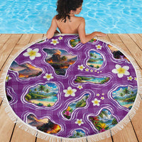 Hawaiian Island Shapes-Iconic Landscape Beach Blanket with Plumeria and Palaka Purple Color LT03 - Polynesian Pride