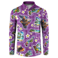 Hawaiian Island Shapes-Iconic Landscape Button Sweatshirt with Plumeria and Palaka Purple Color LT03 Purple - Polynesian Pride