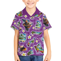 Hawaiian Island Shapes-Iconic Landscape Family Matching Off Shoulder Short Dress and Hawaiian Shirt with Plumeria and Palaka Purple Color LT03 Son's Shirt Purple - Polynesian Pride