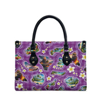 Hawaiian Island Shapes-Iconic Landscape Leather Bag with Plumeria and Palaka Purple Color LT03 - Polynesian Pride