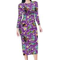 Hawaiian Island Shapes-Iconic Landscape Long Sleeve Bodycon Dress with Plumeria and Palaka Purple Color LT03 Long Dress Purple - Polynesian Pride