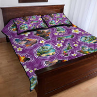 Hawaiian Island Shapes-Iconic Landscape Quilt Bed Set with Plumeria and Palaka Purple Color LT03 - Polynesian Pride
