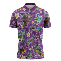 Hawaiian Island Shapes-Iconic Landscape Zipper Polo Shirt with Plumeria and Palaka Purple Color LT03 Purple - Polynesian Pride