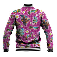 Hawaiian Island Shapes-Iconic Landscape Baseball Jacket with Plumeria and Palaka Pink Color LT03 - Polynesian Pride